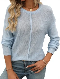 Women's Sweater Pullover Sweater Jumper Casual Soft Pure Color Ribbed Crew Neck Knitted Long Sleeve Regular Tops Knit Outdoor Daily Weekend Black Green Fall Winter