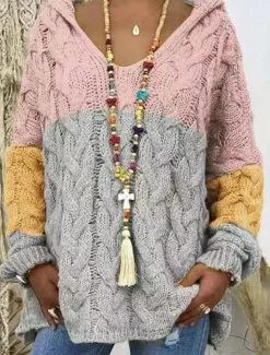 Women's Sweater Pullover Sweater Jumper Casual Soft Color Block Pure Color Ribbed Hooded Knitted Long Sleeve Regular Tops Knit Outdoor Daily Weekend White Apricot Fall Winter