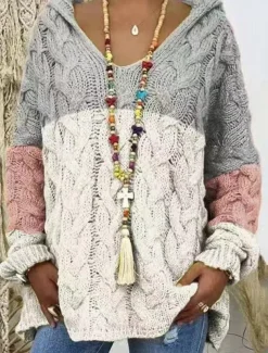 Women's Sweater Pullover Sweater Jumper Casual Soft Color Block Pure Color Ribbed Hooded Knitted Long Sleeve Regular Tops Knit Outdoor Daily Weekend White Apricot Fall Winter