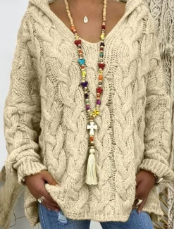 Women's Sweater Pullover Sweater Jumper Casual Soft Color Block Pure Color Ribbed Hooded Knitted Long Sleeve Regular Tops Knit Outdoor Daily Weekend White Apricot Fall Winter