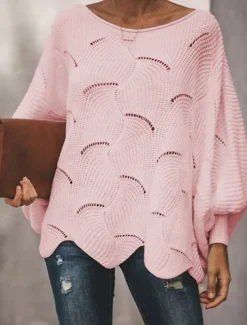 Women's Sweater Pullover Sweater Jumper Casual Soft Pure Color Ribbed Crew Neck Hollow Out Knitted Long Sleeve Regular Tops Knit Outdoor Daily Weekend White Pink Fall Winter