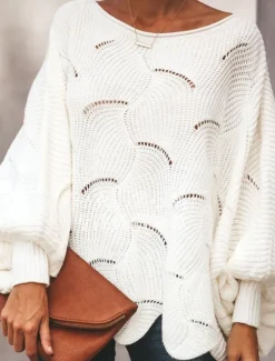 Women's Sweater Pullover Sweater Jumper Casual Soft Pure Color Ribbed Crew Neck Hollow Out Knitted Long Sleeve Regular Tops Knit Outdoor Daily Weekend White Pink Fall Winter