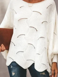 Women's Sweater Pullover Sweater Jumper Casual Soft Pure Color Ribbed Crew Neck Hollow Out Knitted Long Sleeve Regular Tops Knit Outdoor Daily Weekend White Pink Fall Winter