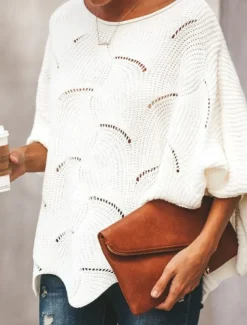 Women's Sweater Pullover Sweater Jumper Casual Soft Pure Color Ribbed Crew Neck Hollow Out Knitted Long Sleeve Regular Tops Knit Outdoor Daily Weekend White Pink Fall Winter