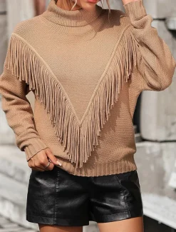 Women's Sweater Pullover Sweater Jumper Casual Sweater Casual Soft Solid Color Ribbed V Neck Tassel Knitted Long Sleeve Regular Tops Knit Outdoor Daily Weekend Blue Khaki Fall Winter