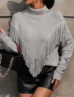 Women's Sweater Pullover Sweater Jumper Casual Sweater Casual Soft Solid Color Ribbed V Neck Tassel Knitted Long Sleeve Regular Tops Knit Outdoor Daily Weekend Blue Khaki Fall Winter
