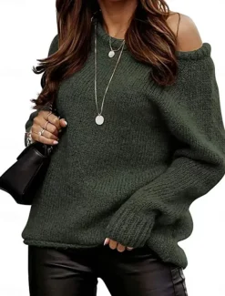 Women's Sweater Pullover Sweater Jumper Casual Soft Pure Color Ribbed Boat Neck Knitted Long Sleeve Regular Tops Knit Outdoor Daily Weekend Pink Brown Fall Winter