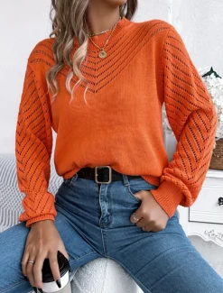 Women's Sweater Pullover Sweater Jumper Casual Soft Pure Color Ribbed Crew Neck Hollow Out Knitted Long Sleeve Regular Tops Knit Outdoor Daily Weekend White Orange Fall Winter