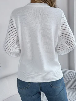 Women's Sweater Pullover Sweater Jumper Casual Soft Pure Color Ribbed Crew Neck Hollow Out Knitted Long Sleeve Regular Tops Knit Outdoor Daily Weekend White Orange Fall Winter
