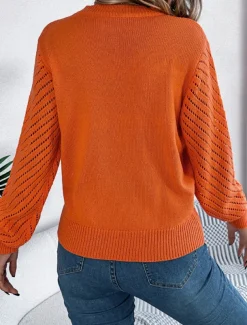 Women's Sweater Pullover Sweater Jumper Casual Soft Pure Color Ribbed Crew Neck Hollow Out Knitted Long Sleeve Regular Tops Knit Outdoor Daily Weekend White Orange Fall Winter