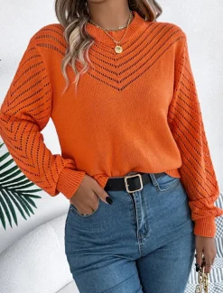 Women's Sweater Pullover Sweater Jumper Casual Soft Pure Color Ribbed Crew Neck Hollow Out Knitted Long Sleeve Regular Tops Knit Outdoor Daily Weekend White Orange Fall Winter