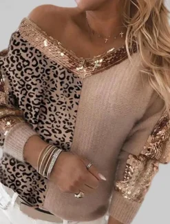 Women's Sweater Pullover Sweater Jumper Casual Soft Leopard Ribbed V Neck Knitted Long Sleeve Regular Tops Knit Outdoor Daily Weekend Pink Camel Fall Winter