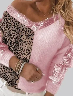Women's Sweater Pullover Sweater Jumper Casual Soft Leopard Ribbed V Neck Knitted Long Sleeve Regular Tops Knit Outdoor Daily Weekend Pink Camel Fall Winter