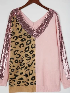 Women's Sweater Pullover Sweater Jumper Casual Soft Leopard Ribbed V Neck Knitted Long Sleeve Regular Tops Knit Outdoor Daily Weekend Pink Camel Fall Winter