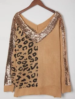 Women's Sweater Pullover Sweater Jumper Casual Soft Leopard Ribbed V Neck Knitted Long Sleeve Regular Tops Knit Outdoor Daily Weekend Pink Camel Fall Winter