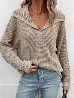 Women's Sweater Pullover Sweater Jumper Casual Soft Solid Color Ribbed Hooded Knitted Long Sleeve Regular Tops Knit Outdoor Daily Weekend Khaki Fall Winter