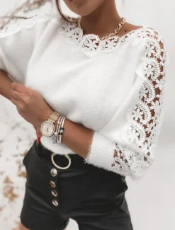 Women's Sweater Sexy Casual Soft Pure Color Ribbed Crew Neck Lace Knitted Long Sleeve Regular Tops Knit Outdoor Daily Weekend White Fall Winter