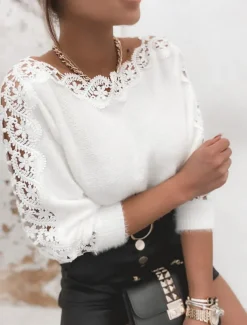 Women's Sweater Sexy Casual Soft Pure Color Ribbed Crew Neck Lace Knitted Long Sleeve Regular Tops Knit Outdoor Daily Weekend White Fall Winter