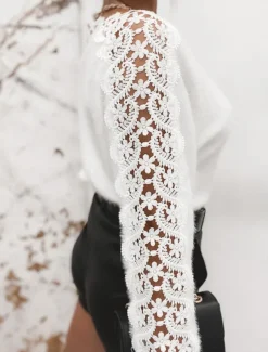 Women's Sweater Sexy Casual Soft Pure Color Ribbed Crew Neck Lace Knitted Long Sleeve Regular Tops Knit Outdoor Daily Weekend White Fall Winter