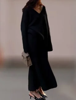 Women's Sweater Streetwear Casual Solid Color Fuzzy V Neck Knitted Long Sleeve Long Tops Knit Home Work Black Yellow Fall Winter