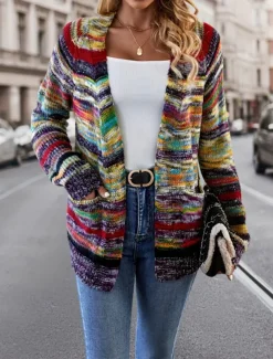 Women's Sweater Striped Cardigan Open Front Ribbed Knit Pocket Knitted Fall Winter Outdoor Daily Weekend Casual Soft Long Sleeve Red Blue