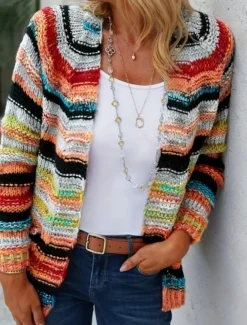 Women's Sweater Striped Cardigan Open Front Ribbed Knit Pocket Knitted Fall Winter Outdoor Daily Weekend Casual Soft Long Sleeve Red Blue