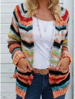 Women's Sweater Striped Cardigan Open Front Ribbed Knit Pocket Knitted Fall Winter Outdoor Daily Weekend Casual Soft Long Sleeve Red Blue