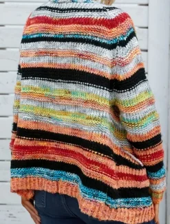 Women's Sweater Striped Cardigan Open Front Ribbed Knit Pocket Knitted Fall Winter Outdoor Daily Weekend Casual Soft Long Sleeve Red Blue