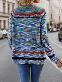 Women's Sweater Striped Cardigan Open Front Ribbed Knit Pocket Knitted Fall Winter Outdoor Daily Weekend Casual Soft Long Sleeve Red Blue