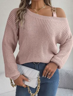 Women's Sweater Stylish Solid Color Ribbed One Shoulder Cold Shoulder Long Sleeve Regular Tops Knit Daily White Pink Spring Fall