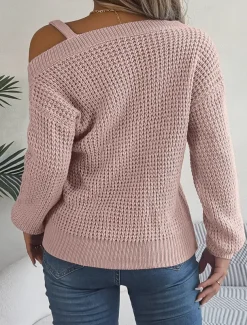 Women's Sweater Stylish Solid Color Ribbed One Shoulder Cold Shoulder Long Sleeve Regular Tops Knit Daily White Pink Spring Fall