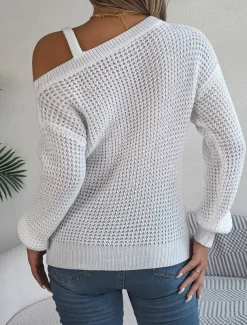 Women's Sweater Stylish Solid Color Ribbed One Shoulder Cold Shoulder Long Sleeve Regular Tops Knit Daily White Pink Spring Fall