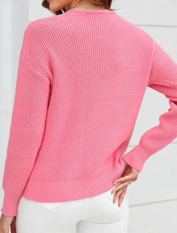 Women's Sweater Stylish Solid Color Crochet V Neck Braided Long Sleeve Regular Tops Knit Work Black Pink Spring Fall