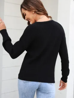 Women's Sweater Stylish Solid Color Crochet V Neck Braided Long Sleeve Regular Tops Knit Work Black Pink Spring Fall