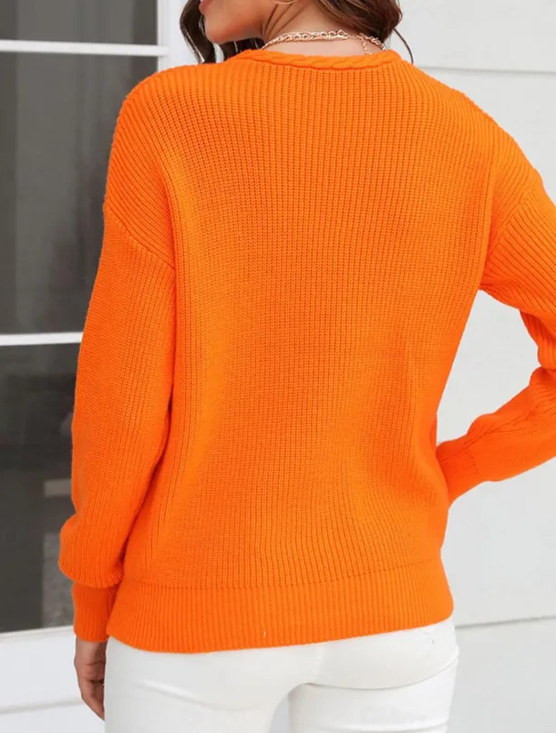 Women's Sweater Stylish Solid Color Crochet V Neck Braided Long Sleeve Regular Tops Knit Work Black Pink Spring Fall