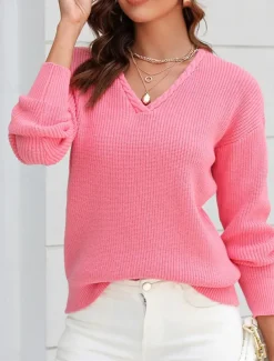 Women's Sweater Stylish Solid Color Crochet V Neck Braided Long Sleeve Regular Tops Knit Work Black Pink Spring Fall
