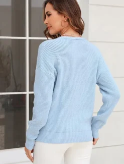 Women's Sweater Stylish Solid Color Crochet V Neck Braided Long Sleeve Regular Tops Knit Work Black Pink Spring Fall