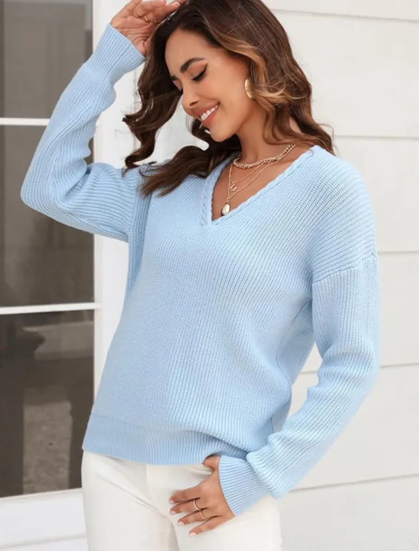 Women's Sweater Stylish Solid Color Crochet V Neck Braided Long Sleeve Regular Tops Knit Work Black Pink Spring Fall