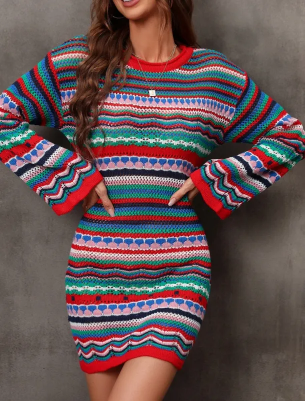 Women's Sweater Sweater Dress Casual Soft Striped Crochet Crew Neck Knitted Long Sleeve Long Tops Knit Outdoor Daily Weekend Fuchsia Green Summer Spring