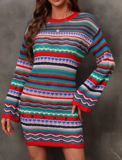 Women's Sweater Sweater Dress Casual Soft Striped Crochet Crew Neck Knitted Long Sleeve Long Tops Knit Outdoor Daily Weekend Fuchsia Green Summer Spring