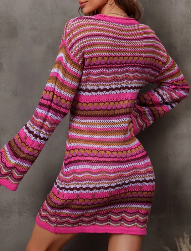 Women's Sweater Sweater Dress Casual Soft Striped Crochet Crew Neck Knitted Long Sleeve Long Tops Knit Outdoor Daily Weekend Fuchsia Green Summer Spring