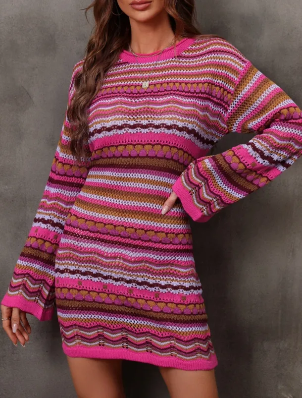 Women's Sweater Sweater Dress Casual Soft Striped Crochet Crew Neck Knitted Long Sleeve Long Tops Knit Outdoor Daily Weekend Fuchsia Green Summer Spring