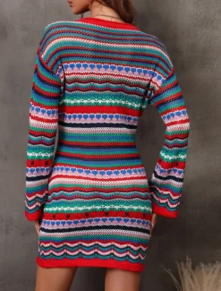 Women's Sweater Sweater Dress Casual Soft Striped Crochet Crew Neck Knitted Long Sleeve Long Tops Knit Outdoor Daily Weekend Fuchsia Green Summer Spring