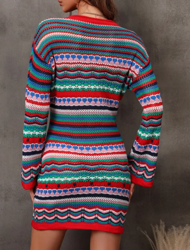 Women's Sweater Sweater Dress Casual Soft Striped Crochet Crew Neck Knitted Long Sleeve Long Tops Knit Outdoor Daily Weekend Fuchsia Green Summer Spring