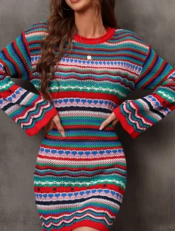 Women's Sweater Sweater Dress Casual Soft Striped Crochet Crew Neck Knitted Long Sleeve Long Tops Knit Outdoor Daily Weekend Fuchsia Green Summer Spring
