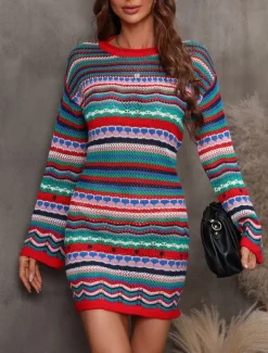Women's Sweater Sweater Dress Casual Soft Striped Crochet Crew Neck Knitted Long Sleeve Long Tops Knit Outdoor Daily Weekend Fuchsia Green Summer Spring