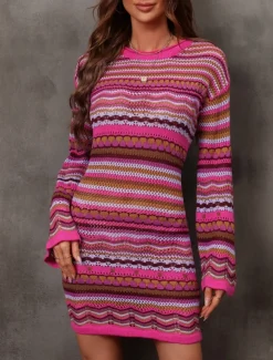 Women's Sweater Sweater Dress Casual Soft Striped Crochet Crew Neck Knitted Long Sleeve Long Tops Knit Outdoor Daily Weekend Fuchsia Green Summer Spring