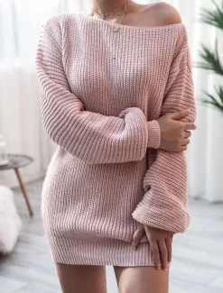 Women's Sweater Sweater Dress Casual Soft Pure Color Ribbed Off Shoulder Knitted Long Sleeve Long Tops Knit Outdoor Daily Weekend White Pink Fall Winter