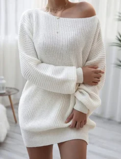 Women's Sweater Sweater Dress Casual Soft Pure Color Ribbed Off Shoulder Knitted Long Sleeve Long Tops Knit Outdoor Daily Weekend White Pink Fall Winter