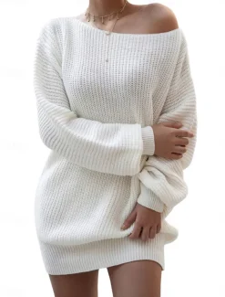Women's Sweater Sweater Dress Casual Soft Pure Color Ribbed Off Shoulder Knitted Long Sleeve Long Tops Knit Outdoor Daily Weekend White Pink Fall Winter